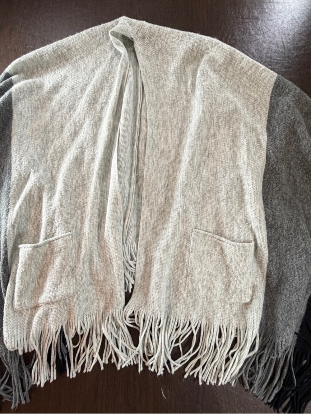 Maurice’s Fringe Open-Front Sweater Cardigan Light Gray and Charcoal on sides.